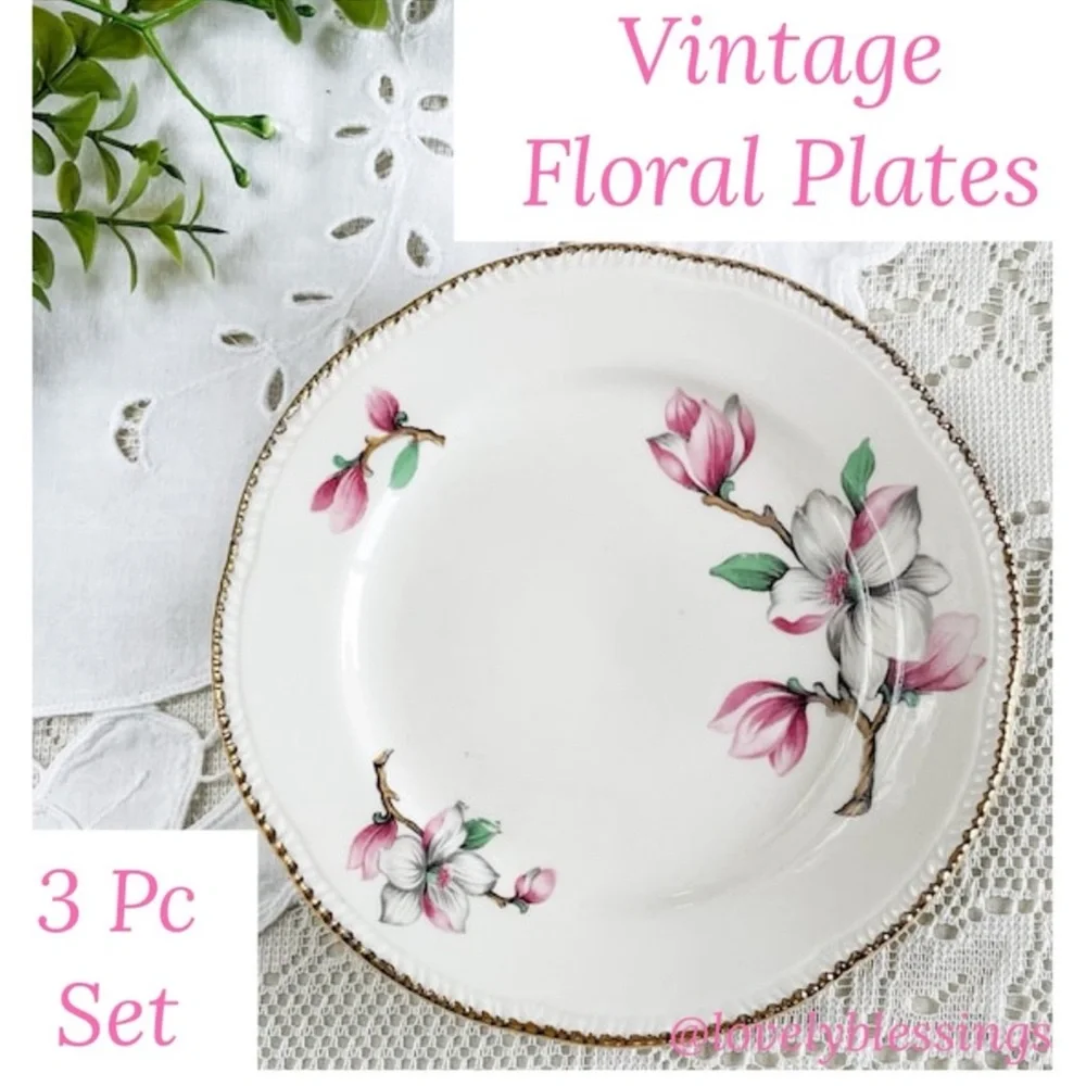 Homer Laughlin Dogwood Fine China Floral Plate Set Vintage Pink Gold Trim Pc Set